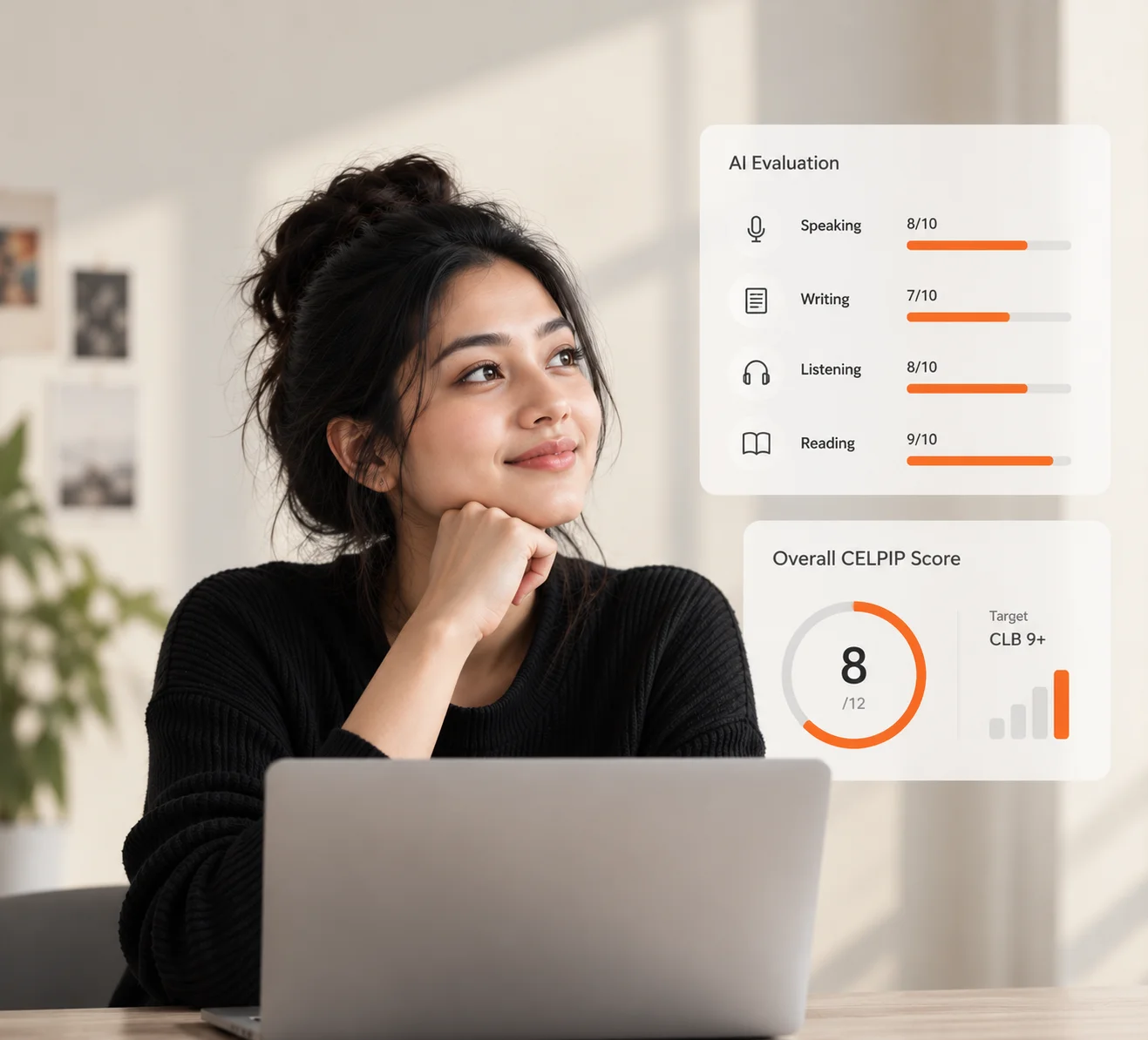 Student reviewing her AI-evaluated CELPIP Speaking, Writing, Listening and Reading scores on a laptop